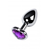 Серебристая коническая анальная пробка с фиолетовым кристаллом-сердечком - 7 см. - ToyFa - купить с доставкой в Ставрополе