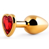 Золотистая анальная пробка с красным стразом-сердечком - 8 см. - Anal Jewelry Plug - купить с доставкой в Ставрополе