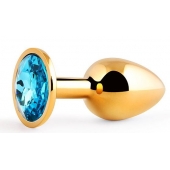 Золотистая анальная пробка с голубым стразом - 7,2 см. - Anal Jewelry Plug - купить с доставкой в Ставрополе