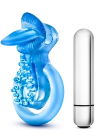 Голубое эрекционное виброкольцо 10 Function Vibrating Tongue Ring - Blush Novelties - в Ставрополе купить с доставкой