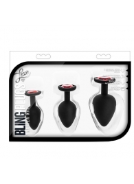 Набор черных анальных пробок с красным кристаллом-сердечком Bling Plugs Training Kit - Blush Novelties - купить с доставкой в Ставрополе