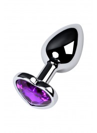 Серебристая коническая анальная пробка с фиолетовым кристаллом-сердечком - 7 см. - ToyFa - купить с доставкой в Ставрополе