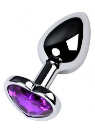 Серебристая коническая анальная пробка с фиолетовым кристаллом-сердечком - 7 см. - ToyFa - купить с доставкой в Ставрополе