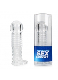 Прозрачная рельефная насадка-реалистик с петлей для мошонки - 13,5 см. - Sex Expert - в Ставрополе купить с доставкой