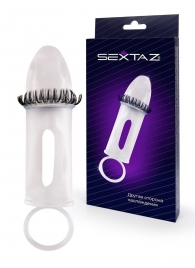 Закрытая насадка на пенис с подхватом мошонки и стимулирующими «ресничками» - Sextaz - в Ставрополе купить с доставкой