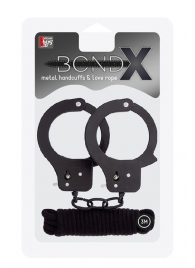 Чёрные наручники из листового металла в комплекте с веревкой BONDX METAL CUFFS LOVE ROPE SET - Dream Toys - купить с доставкой в Ставрополе