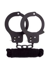 Чёрные наручники из листового металла в комплекте с веревкой BONDX METAL CUFFS LOVE ROPE SET - Dream Toys - купить с доставкой в Ставрополе