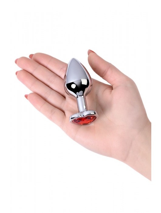 Серебристая коническая анальная пробка с красным кристаллом-сердечком - 7 см. - ToyFa - купить с доставкой в Ставрополе