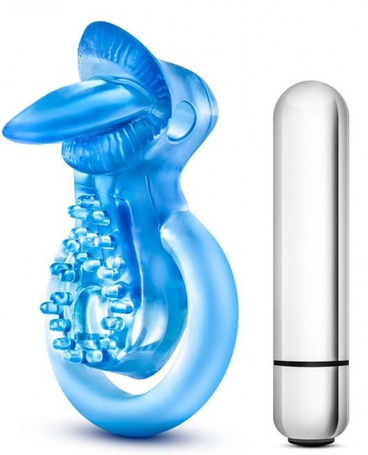 Голубое эрекционное виброкольцо 10 Function Vibrating Tongue Ring - Blush Novelties - в Ставрополе купить с доставкой