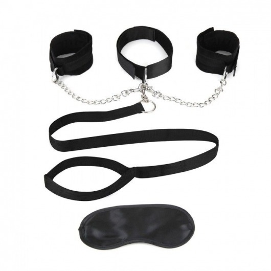 Чёрный ошейник с наручниками и поводком Collar Cuffs   Leash Set - Lux Fetish - купить с доставкой в Ставрополе