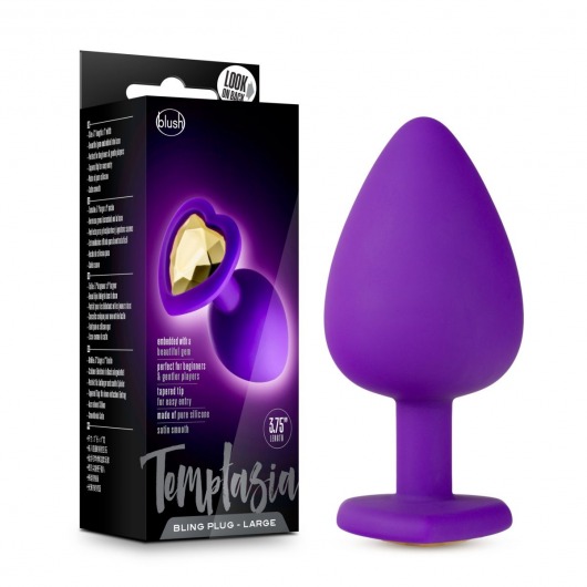 Фиолетовая анальная пробка Bling Plug Large с золотистым стразом - 9,5 см. - Blush Novelties - купить с доставкой в Ставрополе