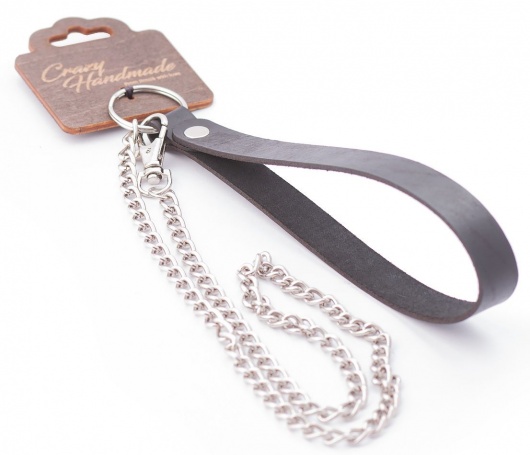 Серебристый металлический поводок с кожаной черной ручкой - 80 см. - Crazy Handmade - купить с доставкой в Ставрополе