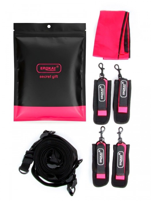 Черно-розовый эротический набор: фиксатор, оковы, наручники, повязка - Erokay - купить с доставкой в Ставрополе