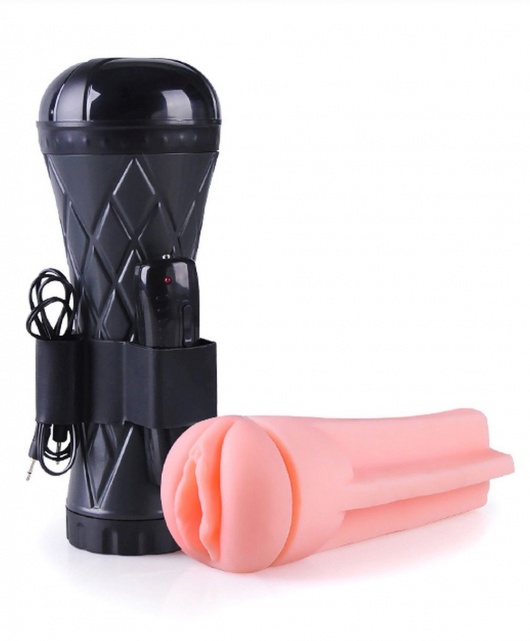 Телесный мастурбатор-вагина в черной колбе с вибрацией - Boys of Toys - в Ставрополе купить с доставкой