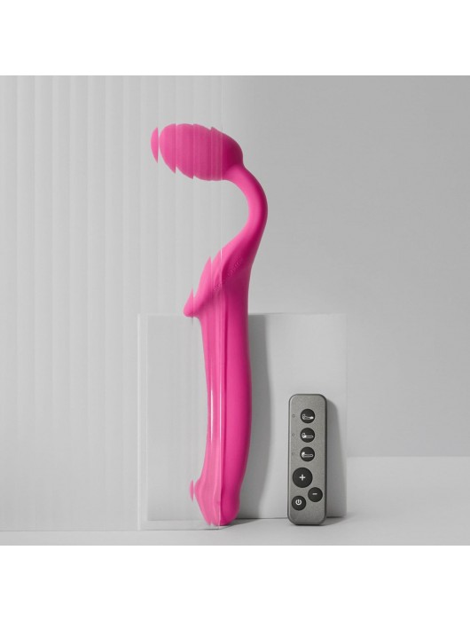 Ярко-розовый безремневой страпон Strap-on-me Vibrating Bendable Strap-On size M - Strap-on-me - купить с доставкой в Ставрополе